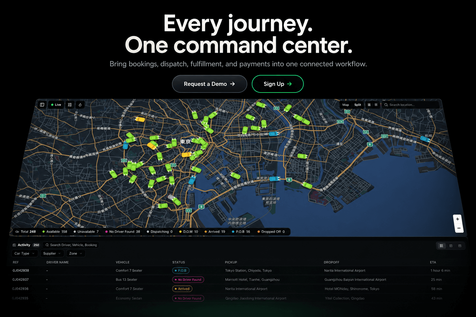 도쿄 차량 지도, 차량 표시, 운행 현황을 보여주는 Command Center 콘셉트 이미지