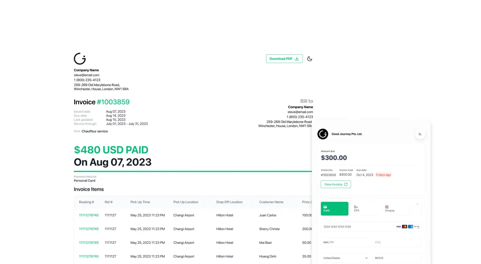 GoodJourney invoice and payment dashboard