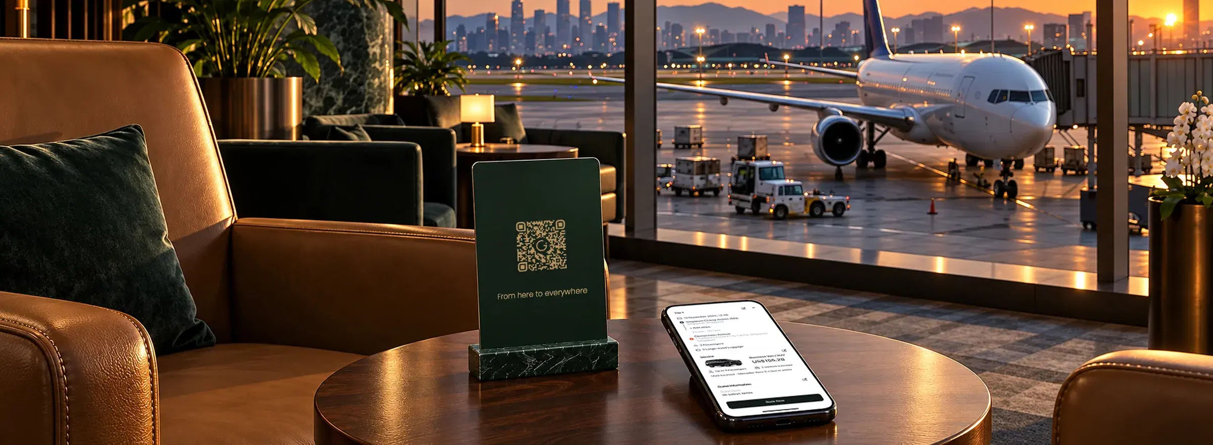 Illustrative airport lounge with a transfer-booking placard and phone beside a window overlooking an aircraft