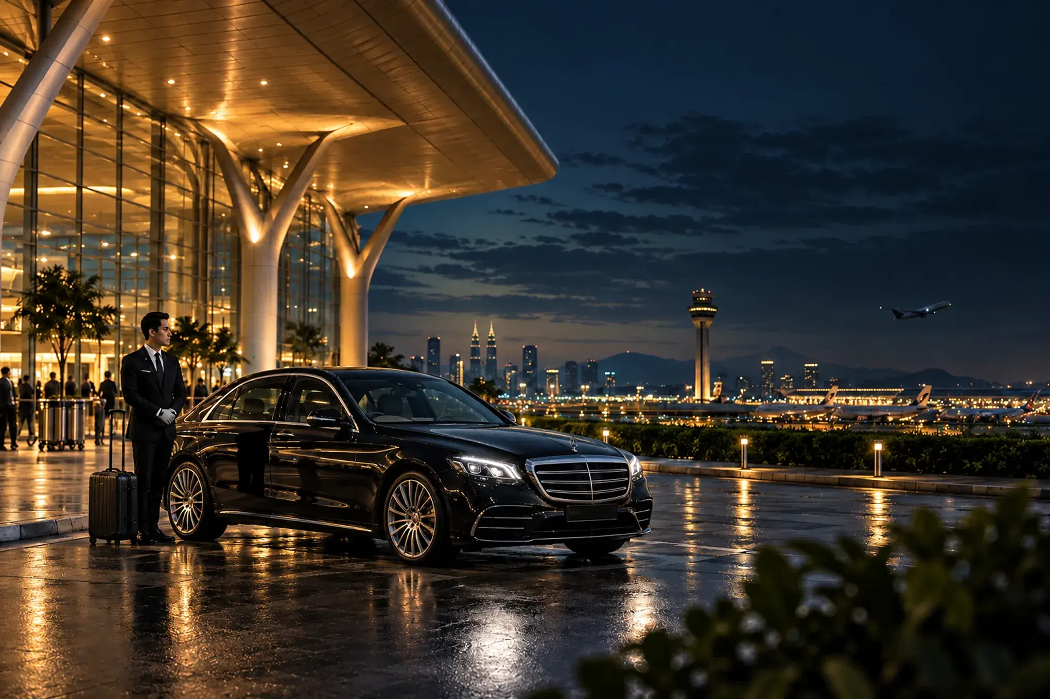 Chauffeur waiting beside a black luxury sedan outside an airport terminal at night