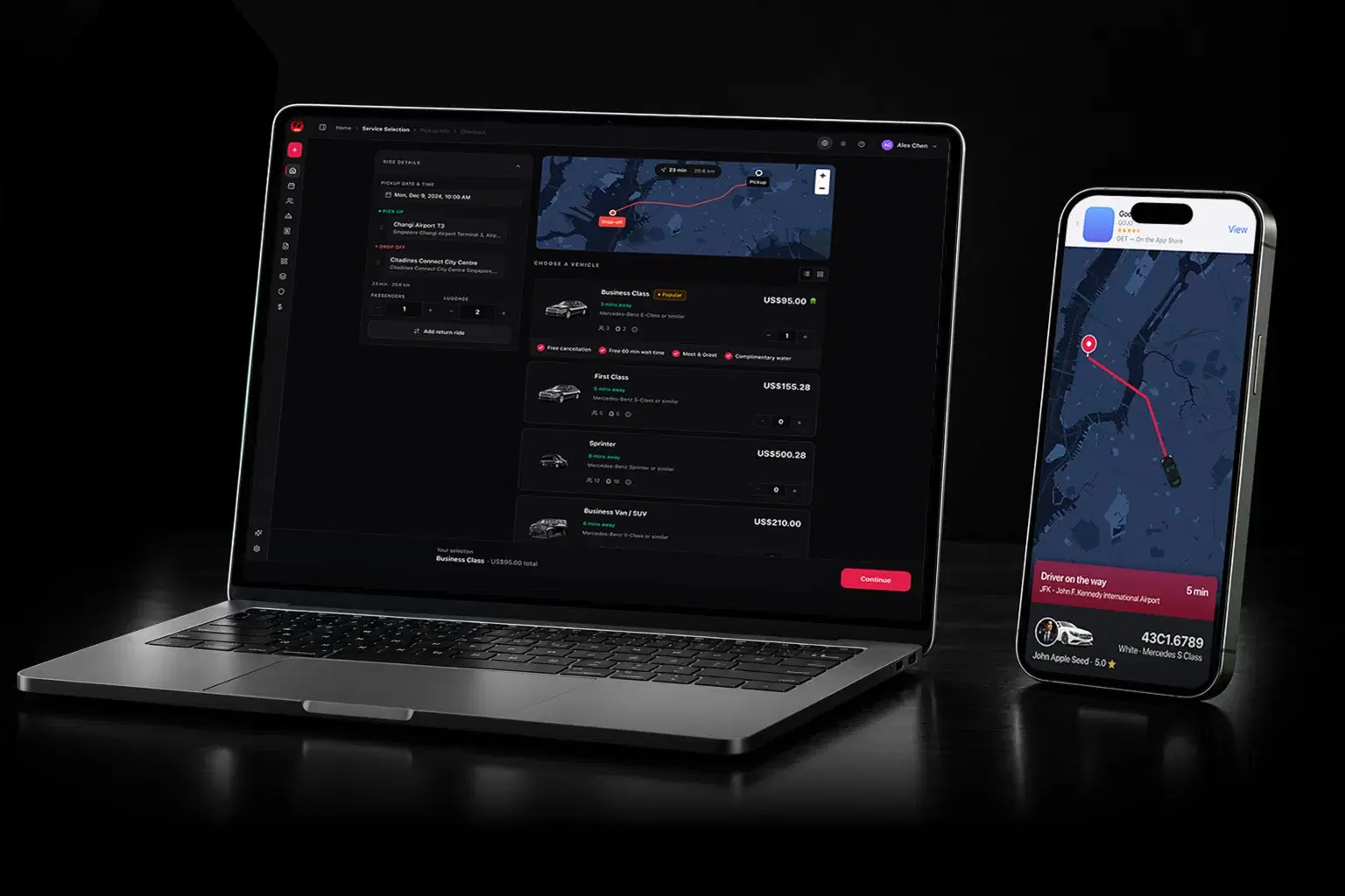Good Journey booking experience on a laptop beside a phone showing airport-transfer tracking