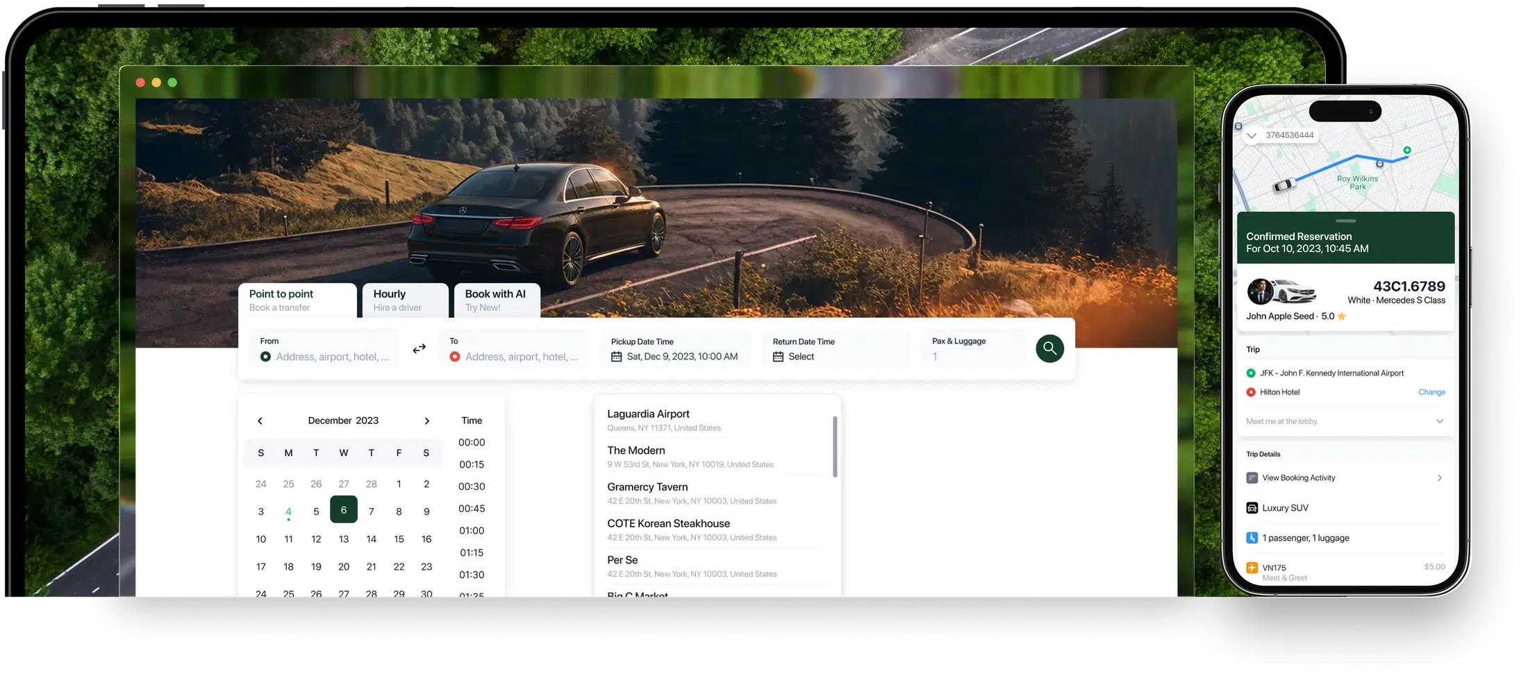 Web Booker embedded in an operator website beside a live ride-tracking view